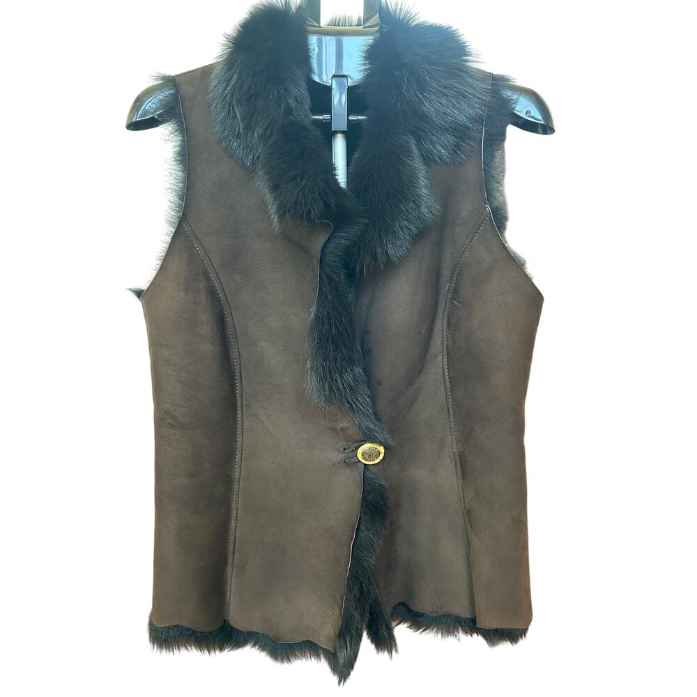 Vintage Brown Suede & Fox Fur Trim Vest Boho Luxury 70s Scalloped Hem M/L